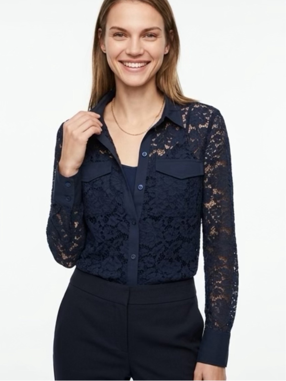 NEW Scoop Navy Lace Button-Down Women’s Shirt with included camisole